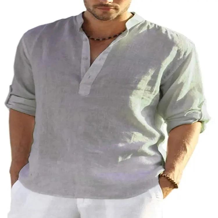 Men's Casual Cotton Linen Solid Color Long Sleeve Shirt Loose Stand Collar - MANDOTOS