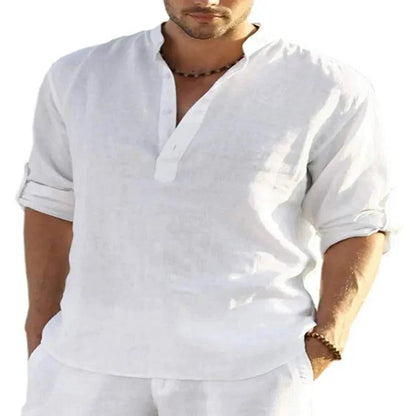 Men's Casual Cotton Linen Solid Color Long Sleeve Shirt Loose Stand Collar - MANDOTOS