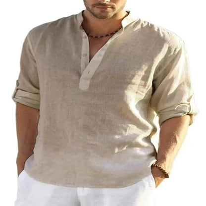 Men's Casual Cotton Linen Solid Color Long Sleeve Shirt Loose Stand Collar - MANDOTOS