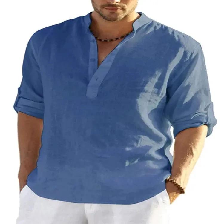 Men's Casual Cotton Linen Solid Color Long Sleeve Shirt Loose Stand Collar - MANDOTOS