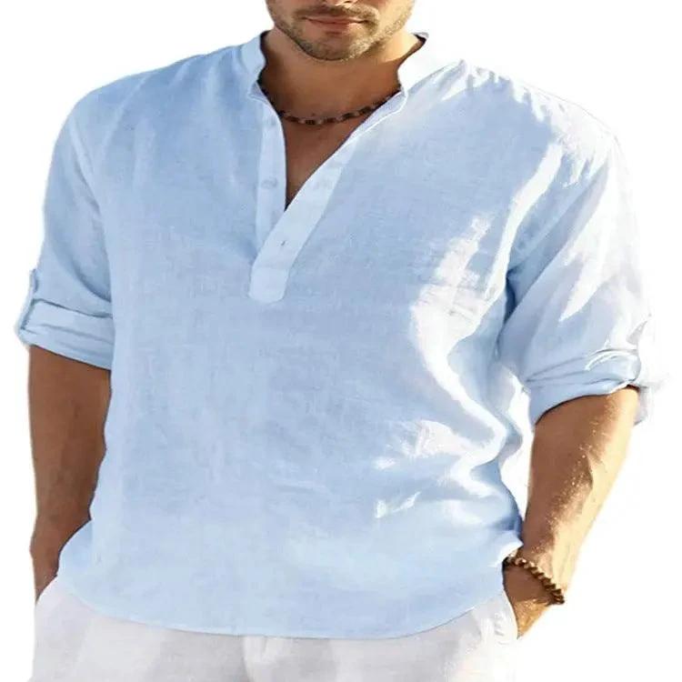 Men's Casual Cotton Linen Solid Color Long Sleeve Shirt Loose Stand Collar - MANDOTOS