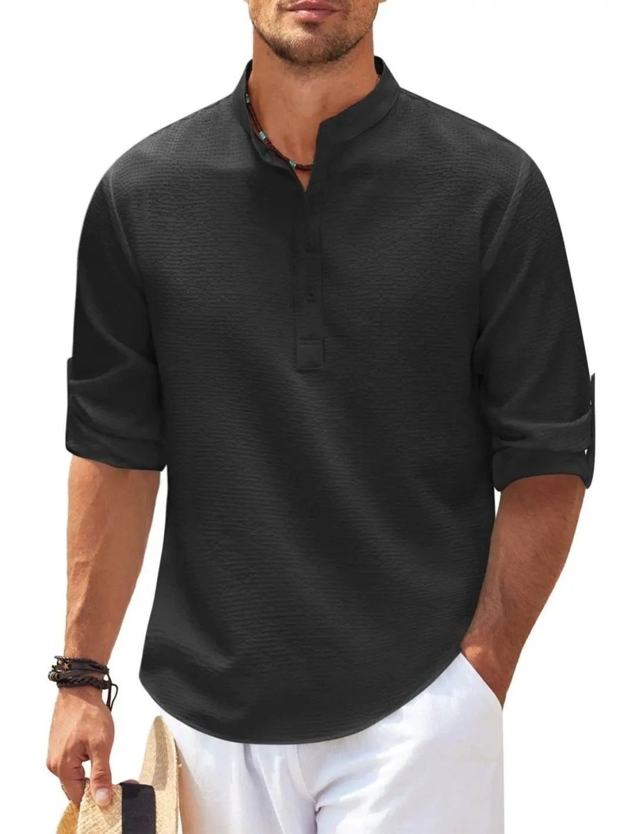 Men's Casual Shirt Long Sleeve Stand Collar Solid Color Shirt Mens Clothing - MANDOTOS