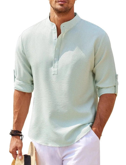 Men's Casual Shirt Long Sleeve Stand Collar Solid Color Shirt Mens Clothing - MANDOTOS
