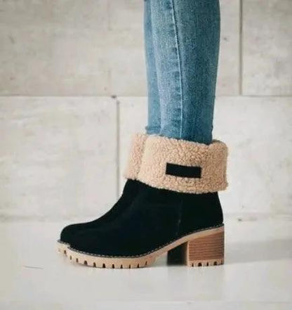 Mid-Tube Thick Heel Suede Snow Boots - MANDOTOS