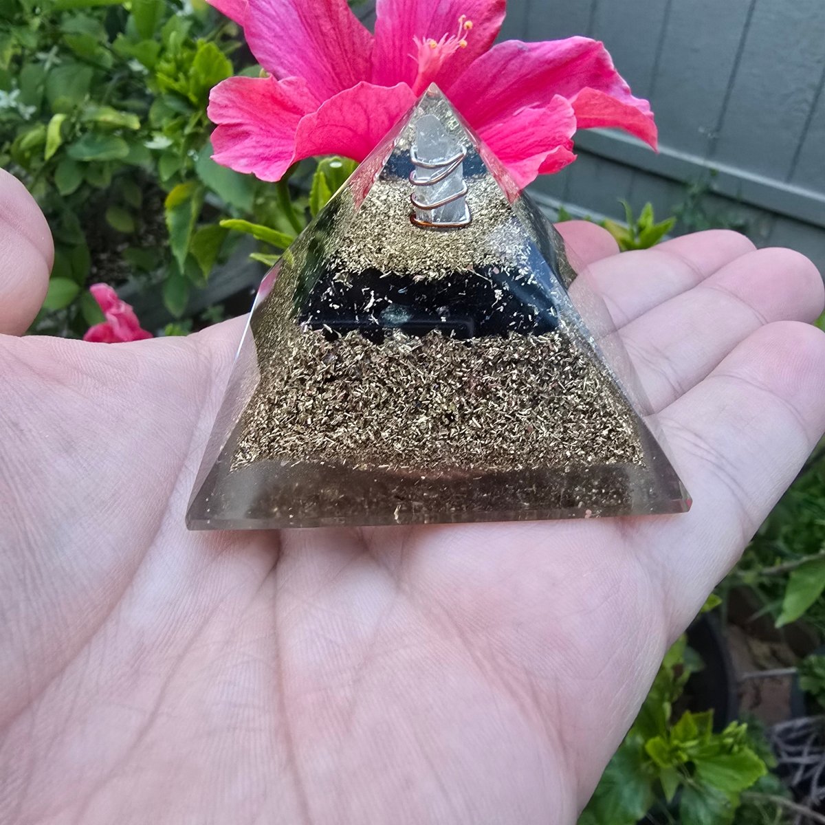 Mini Orgone Brass and Copper Black tourmaline Protection Pyramid - MANDOTOS INTERNATIONAL