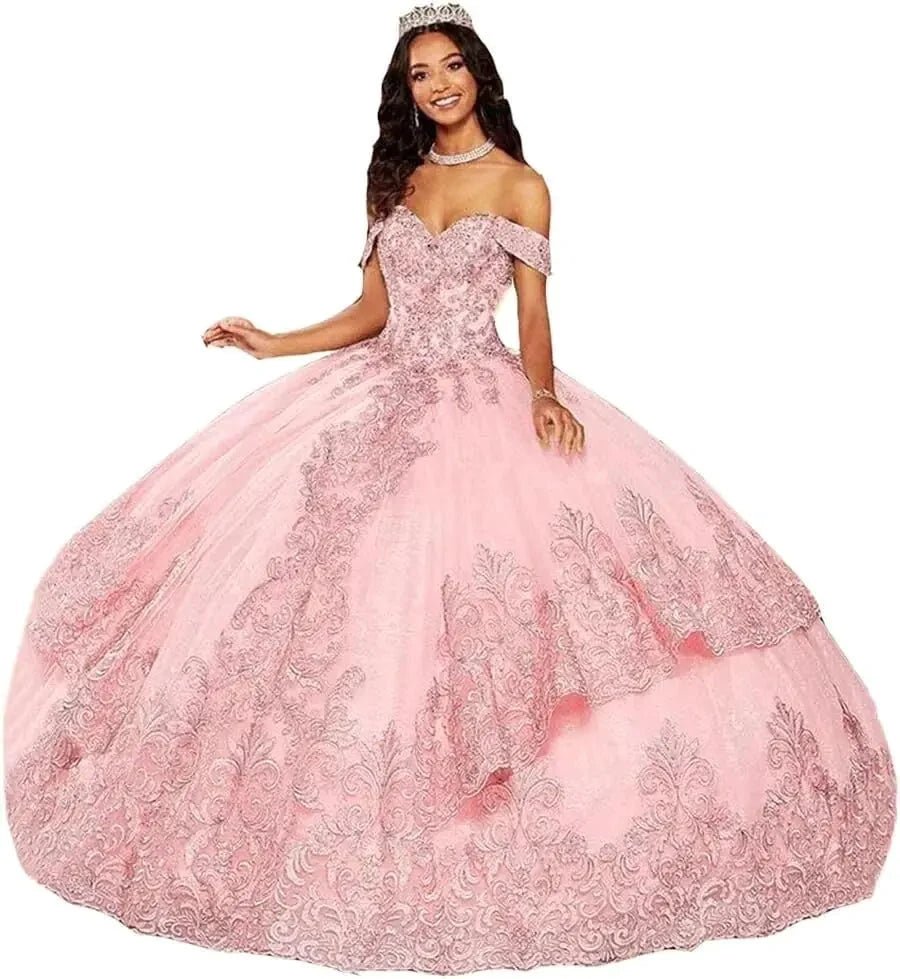 Elegant Tulle Off - Shoulder Beaded Quinceanera Ball Gown - MANDOTOS INTERNATIONAL