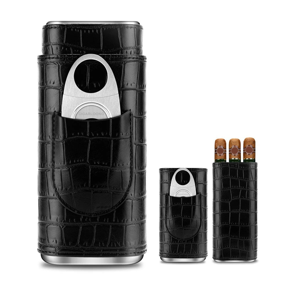 New Arrival Portable Men Gift Cigar Case Reusable 3 Cigars Capacity PU Leather Wood Cigar Tool Cutter Case Travel Storage Box - MANDOTOS INTERNATIONAL