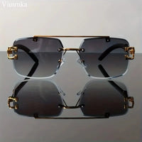 New -Bridge Rimless Square Sunglasses, Featuring Trendy Leopard Print and Wood Grain Design for Men and Women, Perfect for - MANDOTOS INTERNATIONAL