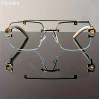 New -Bridge Rimless Square Sunglasses, Featuring Trendy Leopard Print and Wood Grain Design for Men and Women, Perfect for - MANDOTOS INTERNATIONAL