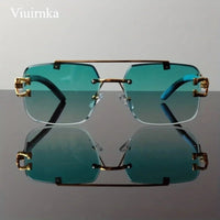 New -Bridge Rimless Square Sunglasses, Featuring Trendy Leopard Print and Wood Grain Design for Men and Women, Perfect for - MANDOTOS INTERNATIONAL