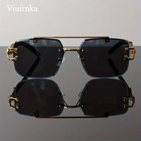 New -Bridge Rimless Square Sunglasses, Featuring Trendy Leopard Print and Wood Grain Design for Men and Women, Perfect for - MANDOTOS INTERNATIONAL