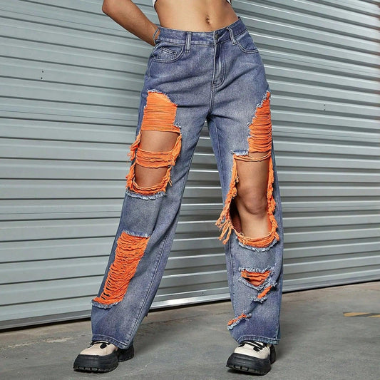 New Hole Ripped Jeans Women Booty Lifting Jeans Street Hip Hop Straight Leg Jeans Women'S Pants Korean Reviews Many Clothes - MANDOTOS