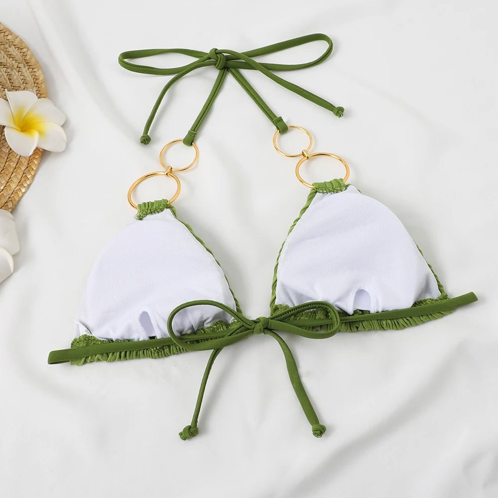 NEW Sexy Solid Color Circular Ring Special Fabric V-neck Backless Split Bikini Set Beach Wear Women Swimwear Custom - MANDOTOS INTERNATIONAL