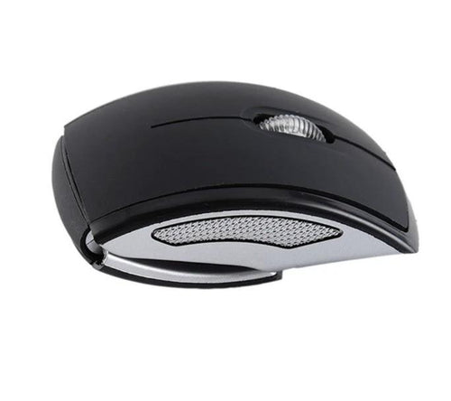 Wireless foldable mouse with compact design, black color, and ergonomic shape for easy use and portability.