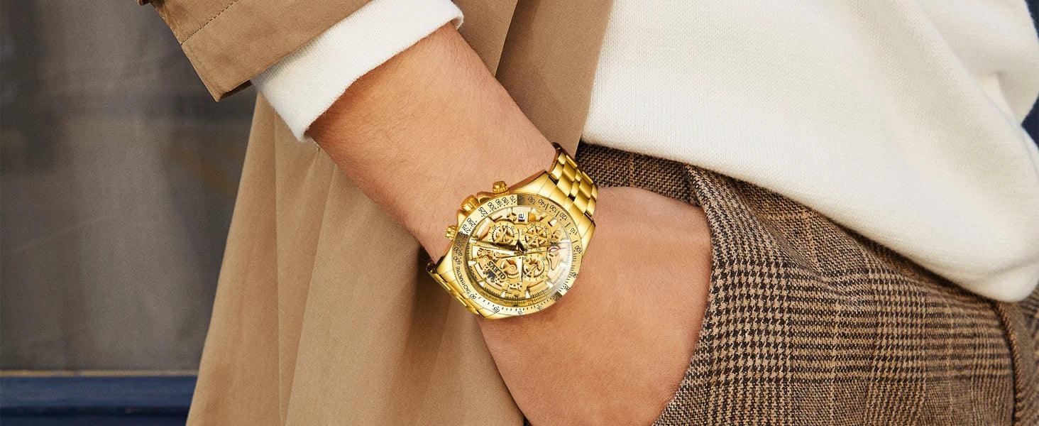 OLEVS Lxuxry Brand Gold Men's Watches Full Skeleton Stainless steel Chronograph Wristwatch Waterproof Luminous Quartz Watch Men - MANDOTOS