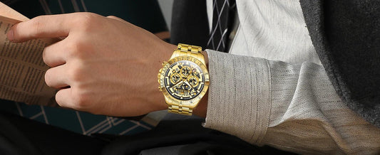 OLEVS Lxuxry Brand Gold Men's Watches Full Skeleton Stainless steel Chronograph Wristwatch Waterproof Luminous Quartz Watch Men - MANDOTOS