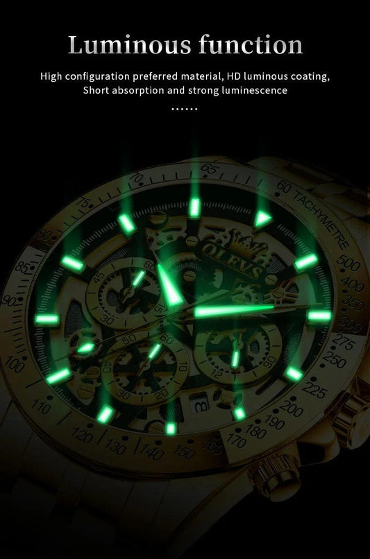 OLEVS Lxuxry Brand Gold Men's Watches Full Skeleton Stainless steel Chronograph Wristwatch Waterproof Luminous Quartz Watch Men - MANDOTOS