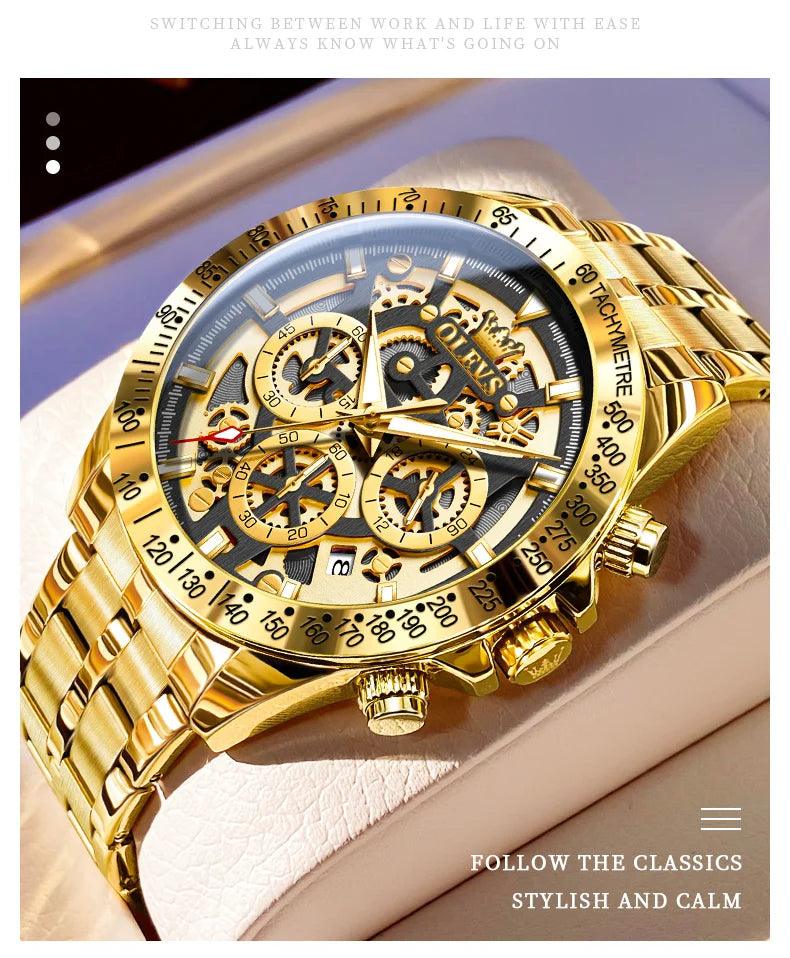 OLEVS Lxuxry Brand Gold Men's Watches Full Skeleton Stainless steel Chronograph Wristwatch Waterproof Luminous Quartz Watch Men - MANDOTOS