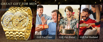 OLEVS Lxuxry Brand Gold Men's Watches Full Skeleton Stainless steel Chronograph Wristwatch Waterproof Luminous Quartz Watch Men - MANDOTOS