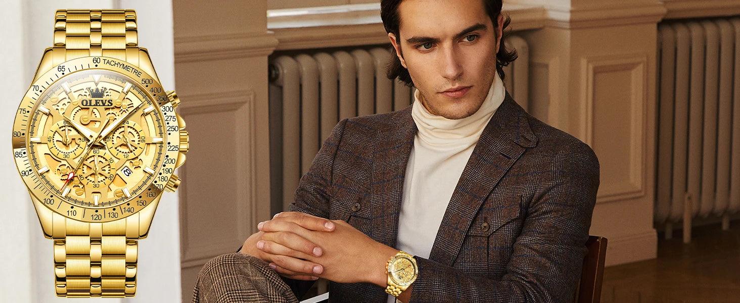 OLEVS Lxuxry Brand Gold Men's Watches Full Skeleton Stainless steel Chronograph Wristwatch Waterproof Luminous Quartz Watch Men - MANDOTOS