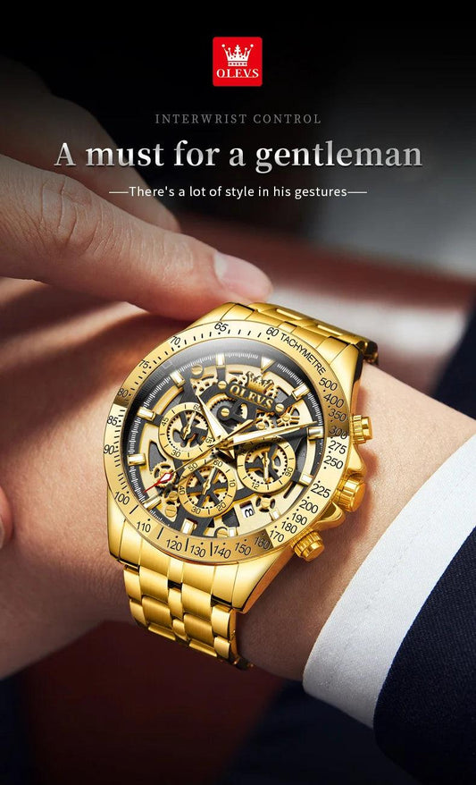 OLEVS Lxuxry Brand Gold Men's Watches Full Skeleton Stainless steel Chronograph Wristwatch Waterproof Luminous Quartz Watch Men - MANDOTOS