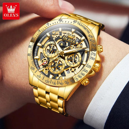 OLEVS Lxuxry Brand Gold Men's Watches Full Skeleton Stainless steel Chronograph Wristwatch Waterproof Luminous Quartz Watch Men - MANDOTOS
