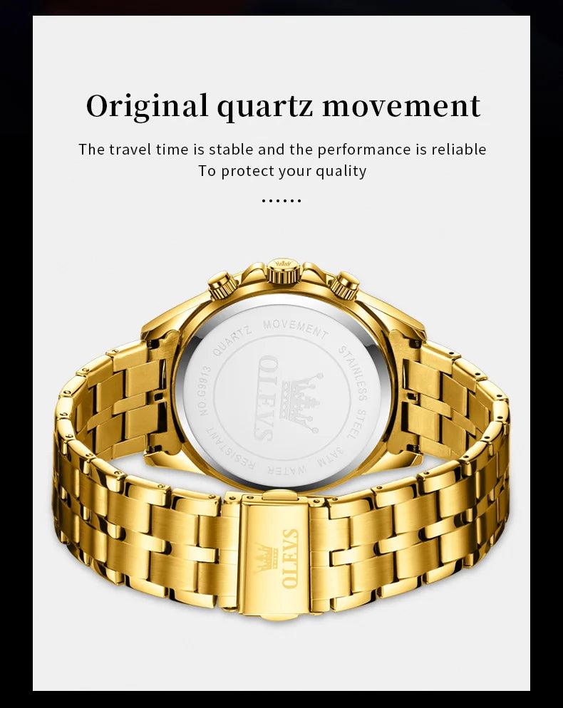 OLEVS Lxuxry Brand Gold Men's Watches Full Skeleton Stainless steel Chronograph Wristwatch Waterproof Luminous Quartz Watch Men - MANDOTOS