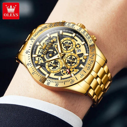 OLEVS Lxuxry Brand Gold Men's Watches Full Skeleton Stainless steel Chronograph Wristwatch Waterproof Luminous Quartz Watch Men - MANDOTOS