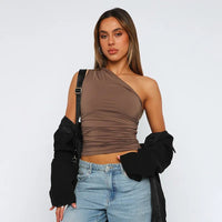 One Shoulder Backless Tank Top - Candy Color Sleeveless Casual T-Shirt - MANDOTOS INTERNATIONAL