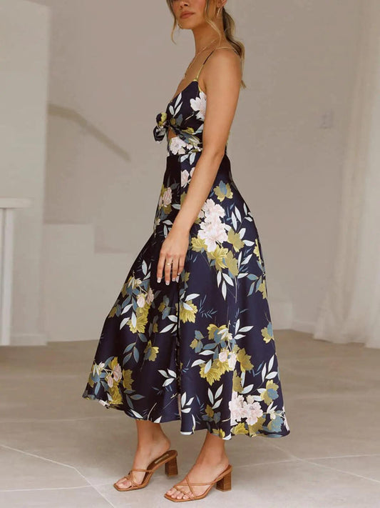 Navy Blue Satin Midi Dress with Tie Front - X-Large - MANDOTOS