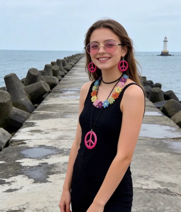 PESENAR 60s Hippie Costume Accessory Set with Flower Headband, Pink Sunglasses and Peace Sign Jewelry - MANDOTOS INTERNATIONAL