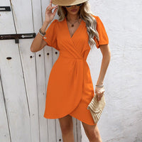 Pleated Cross V-Neck Midi Dress – Tight Waist Short Sleeve Elegant Dress - MANDOTOS INTERNATIONALDress