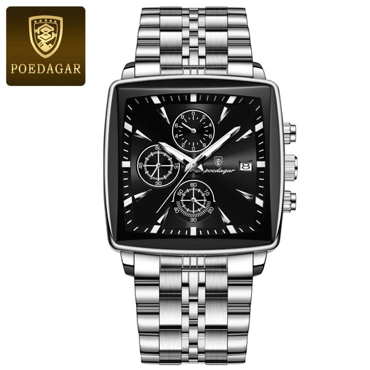 POEDAGAR Fashion Men Watch Luminous Waterproof Chronograph Date Man Wristwatch Square Stainless Steel Quartz Men's Watches Reloj - MANDOTOS
