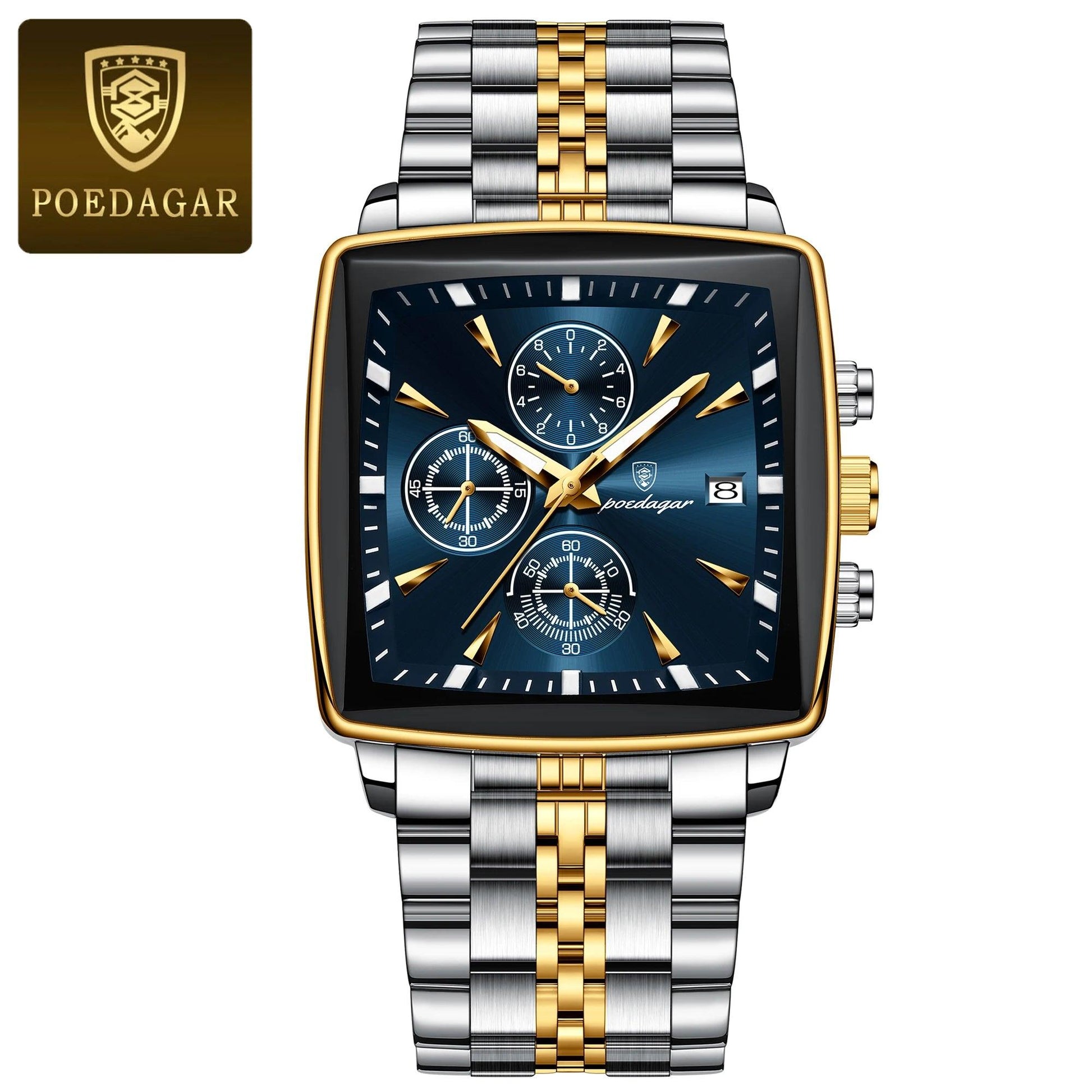 POEDAGAR Fashion Men Watch Luminous Waterproof Chronograph Date Man Wristwatch Square Stainless Steel Quartz Men's Watches Reloj - MANDOTOS