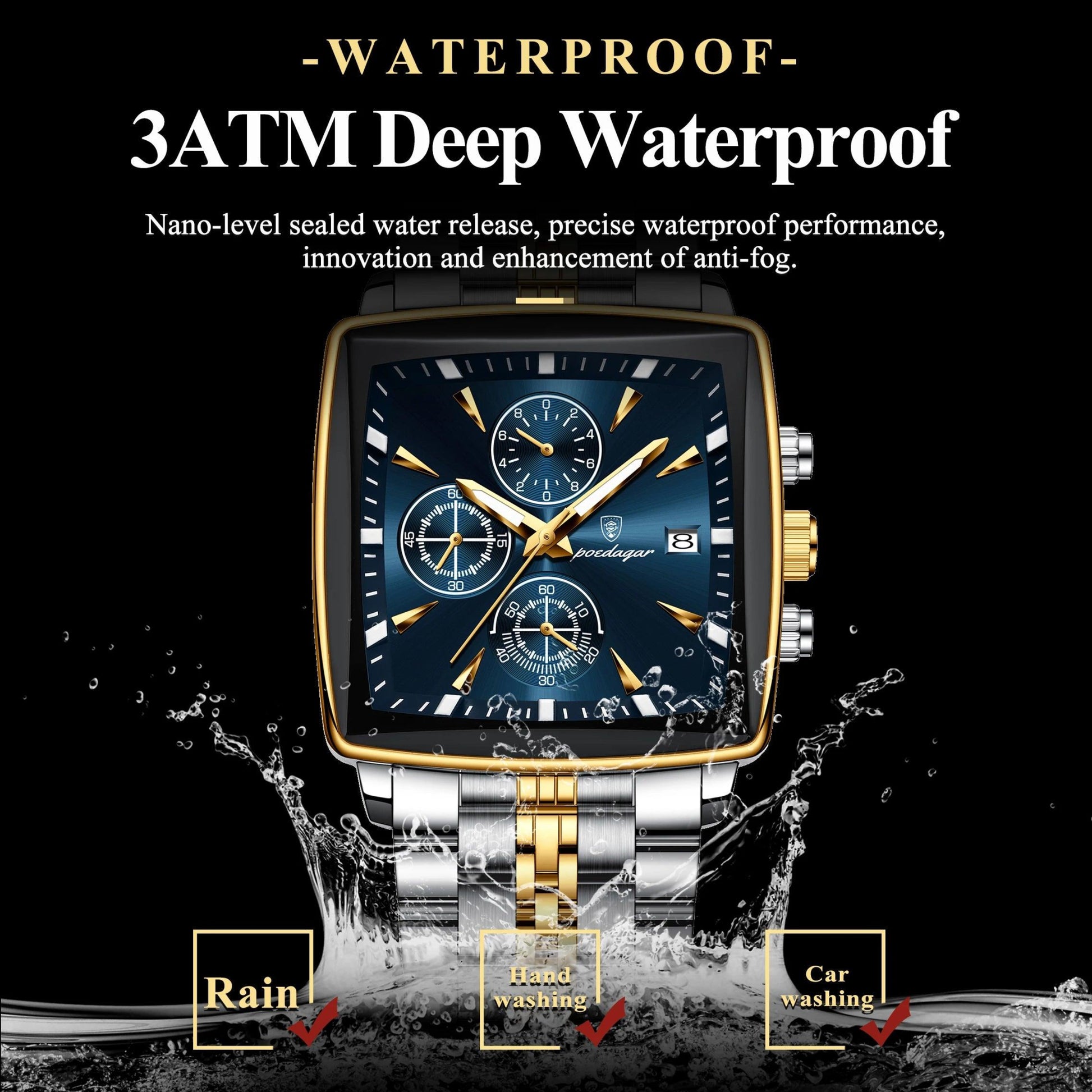 POEDAGAR Fashion Men Watch Luminous Waterproof Chronograph Date Man Wristwatch Square Stainless Steel Quartz Men's Watches Reloj - MANDOTOS
