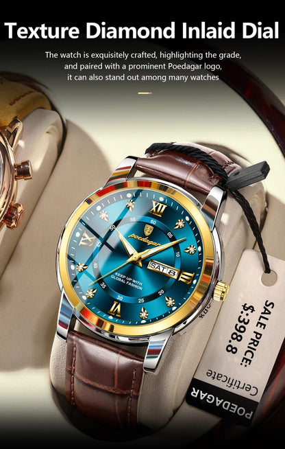 POEDAGAR Luxury Business Men Watch Waterproof Luminous Week Date Man Wristwatch High Quality Leather Sports Men's Quartz Watches - MANDOTOS