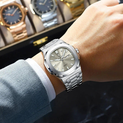 POEDAGAR Luxury Military Man Watch Square Waterproof Luminous Date Week Men Watch Stainless Steel Quartz Men's Watches Reloj+box - MANDOTOS