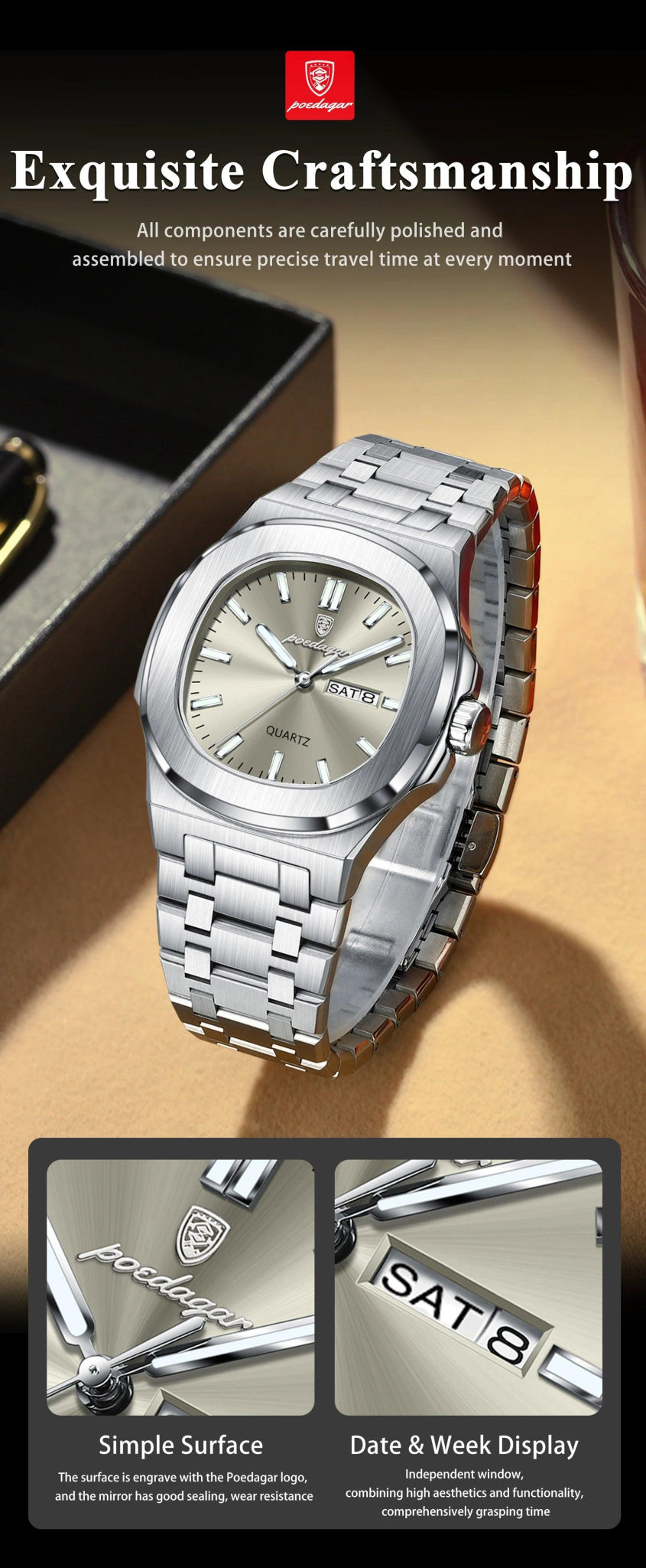 POEDAGAR Luxury Military Man Watch Square Waterproof Luminous Date Week Men Watch Stainless Steel Quartz Men's Watches Reloj+box - MANDOTOS