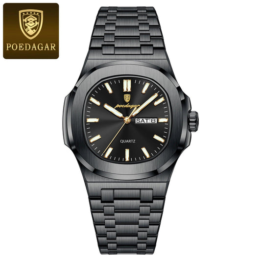 POEDAGAR Luxury Military Man Watch Square Waterproof Luminous Date Week Men Watch Stainless Steel Quartz Men's Watches Reloj+box - MANDOTOS