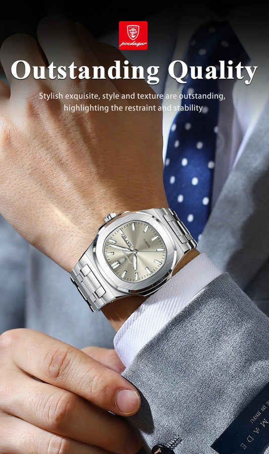 POEDAGAR Luxury Military Man Watch Square Waterproof Luminous Date Week Men Watch Stainless Steel Quartz Men's Watches Reloj+box - MANDOTOS