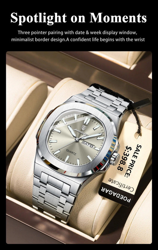 POEDAGAR Luxury Military Man Watch Square Waterproof Luminous Date Week Men Watch Stainless Steel Quartz Men's Watches Reloj+box - MANDOTOS