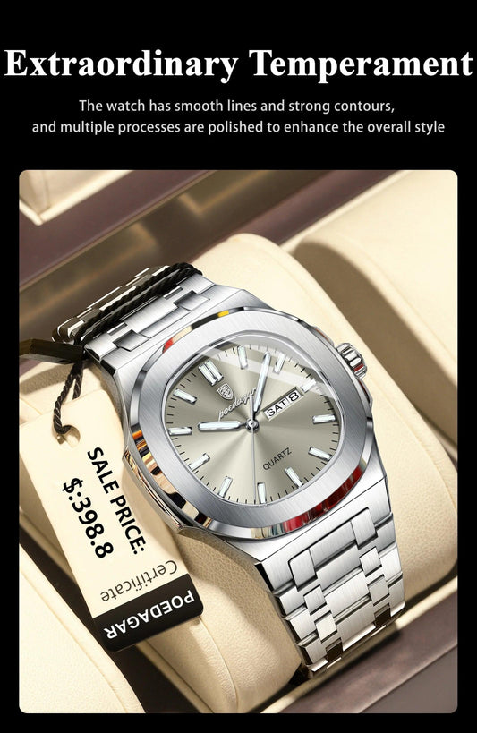 POEDAGAR Luxury Military Man Watch Square Waterproof Luminous Date Week Men Watch Stainless Steel Quartz Men's Watches Reloj+box - MANDOTOS