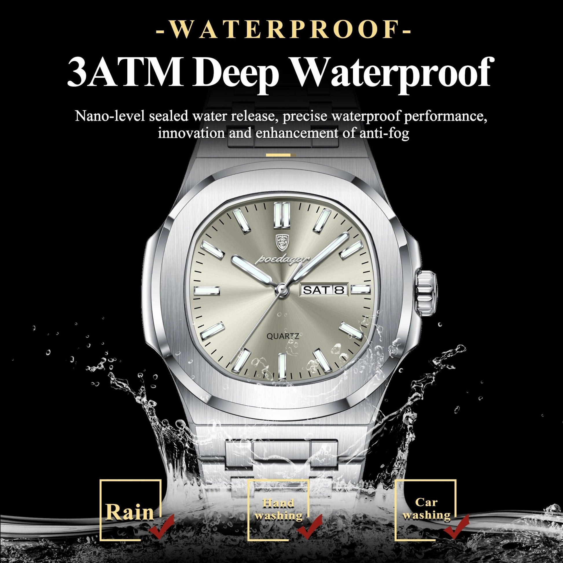 POEDAGAR Luxury Military Man Watch Square Waterproof Luminous Date Week Men Watch Stainless Steel Quartz Men's Watches Reloj+box - MANDOTOS