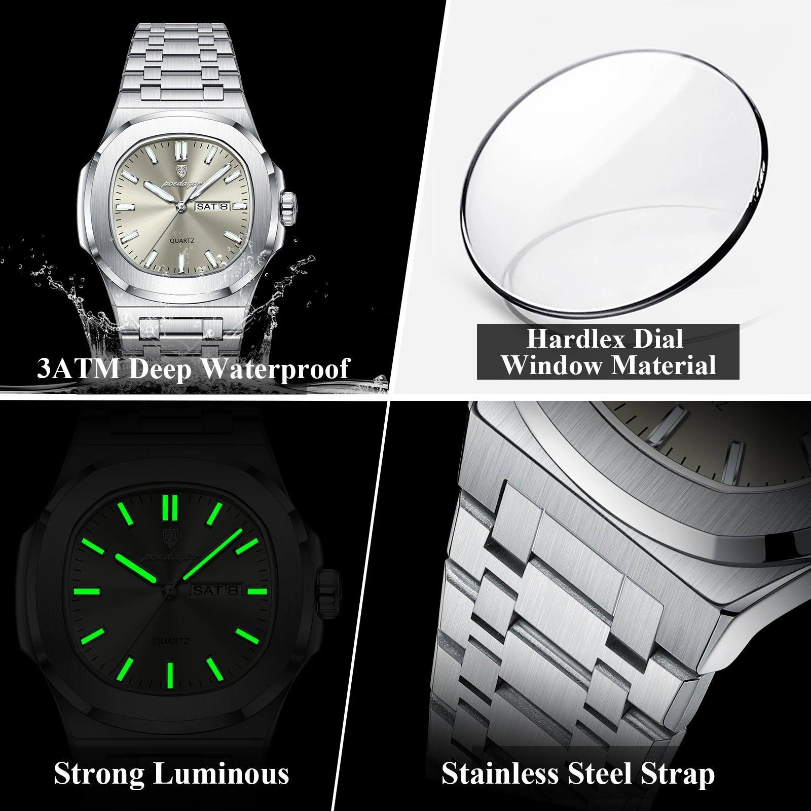 POEDAGAR Luxury Military Man Watch Square Waterproof Luminous Date Week Men Watch Stainless Steel Quartz Men's Watches Reloj+box - MANDOTOS