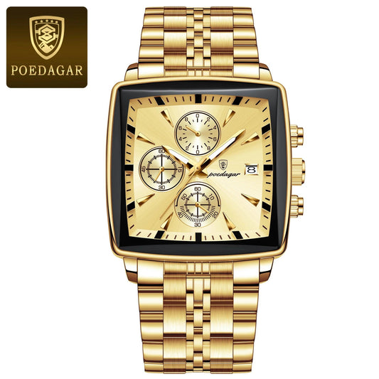 POEDAGAR Luxury Square Sport Man Wristwatch Waterproof Luminous Chronograph Quartz Men's Watches Stainless Steel Men Watch Reloj - MANDOTOS