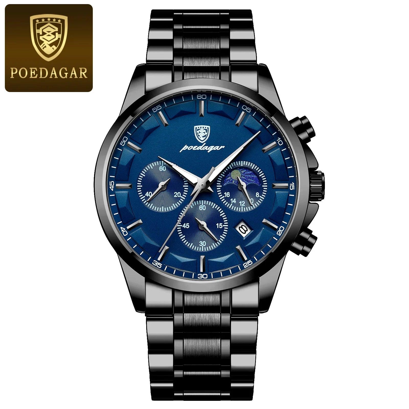 POEDAGAR Men Quartz Watch Luxury Sports Waterproof Chronograph Luminous Date Man Wristwatch Business Leather Men's Watches Clock - MANDOTOS