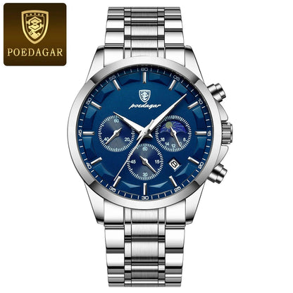 POEDAGAR Men Quartz Watch Luxury Sports Waterproof Chronograph Luminous Date Man Wristwatch Business Leather Men's Watches Clock - MANDOTOS