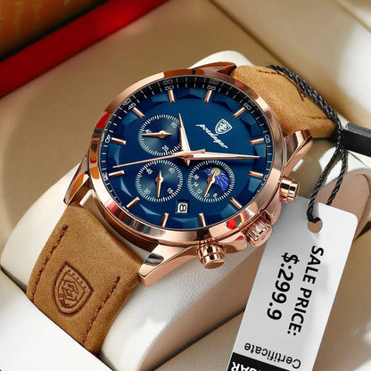 POEDAGAR Men Quartz Watch Luxury Sports Waterproof Chronograph Luminous Date Man Wristwatch Business Leather Men's Watches Clock - MANDOTOS