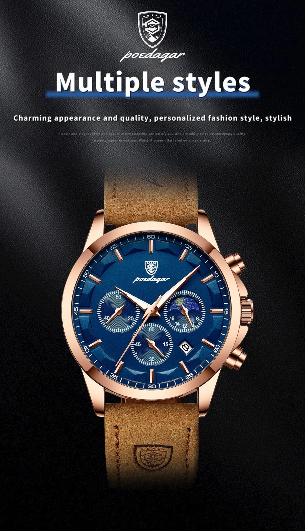 POEDAGAR Men Quartz Watch Luxury Sports Waterproof Chronograph Luminous Date Man Wristwatch Business Leather Men's Watches Clock - MANDOTOS