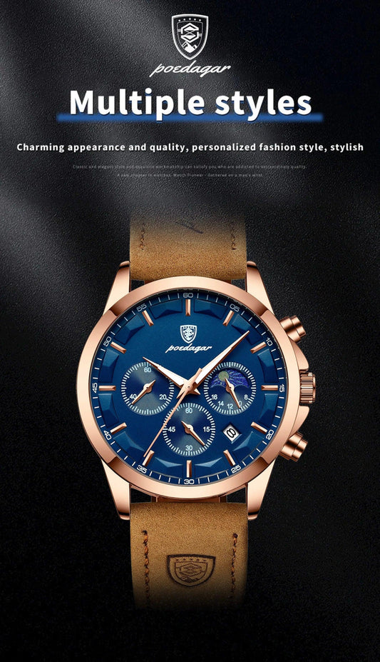 POEDAGAR Men Quartz Watch Luxury Sports Waterproof Chronograph Luminous Date Man Wristwatch Business Leather Men's Watches Clock - MANDOTOS